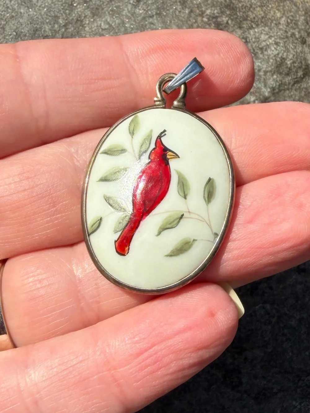 Vintage Sterling Ceramic Red Cardinal Oval Pendant Charm